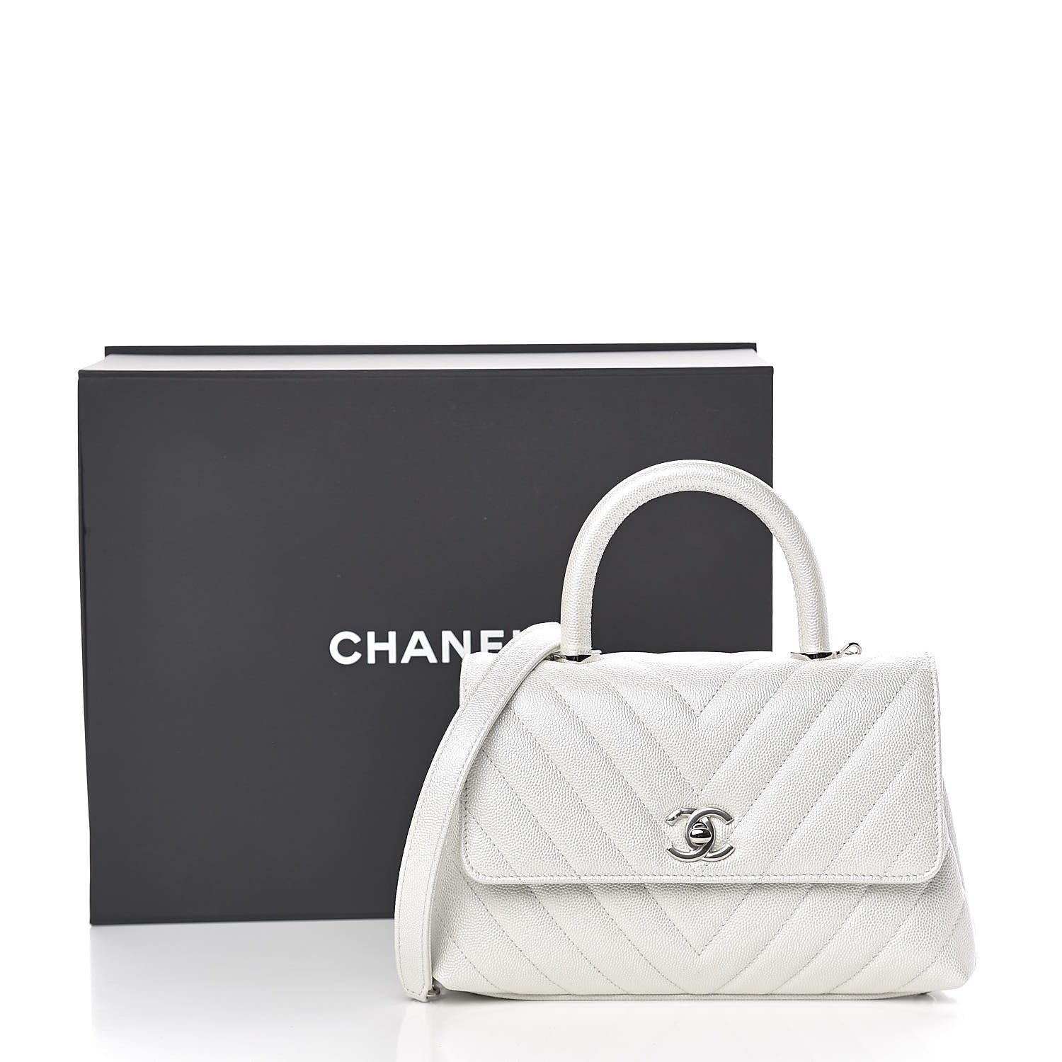 Chanel Iridescent Caviar Chevron Quilted Mini Coco Handle Flap White 11 of 11