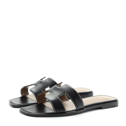 Hermes Box Calfskin Oran Sandals 37 Black 3 of 11