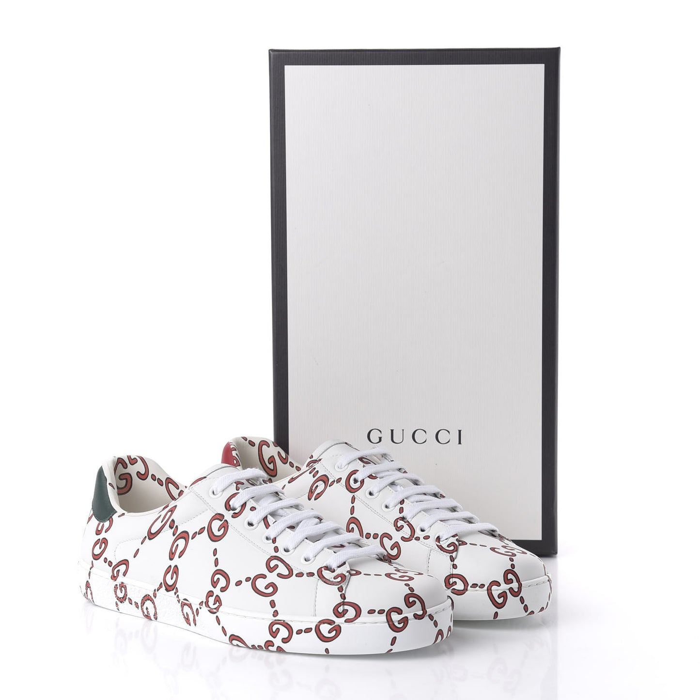 Calfskin GucciGhost Print Mens Ace Sneakers 8 White Hibiscus Red