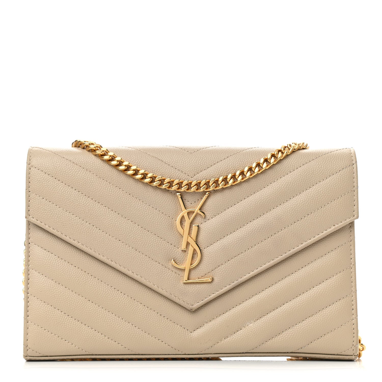 Saint Laurent Grain De Poudre Matelasse Chevron Cassandre Chain Wallet Deep Beige 1 of 9