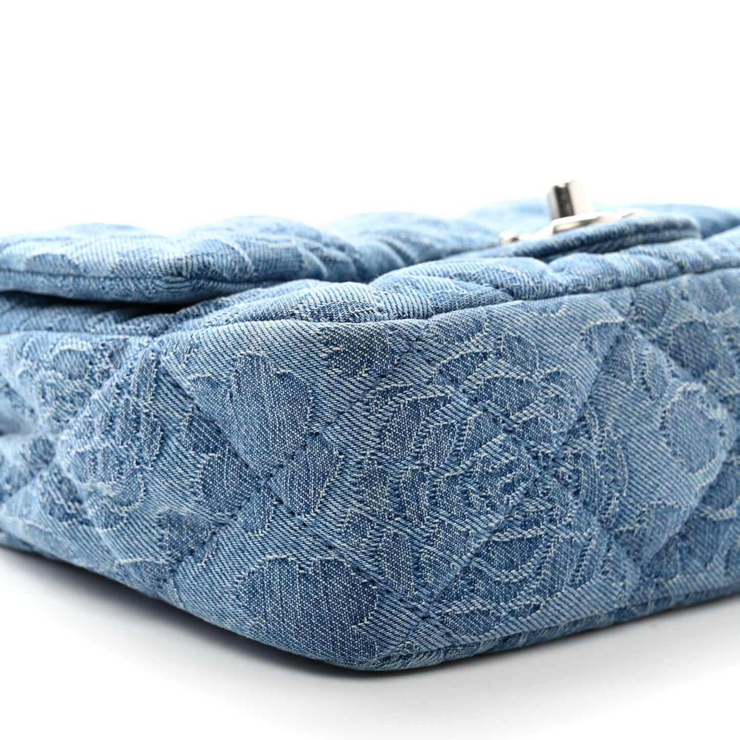 Denim Quilted Camellia Sweetheart Mini Flap Blue