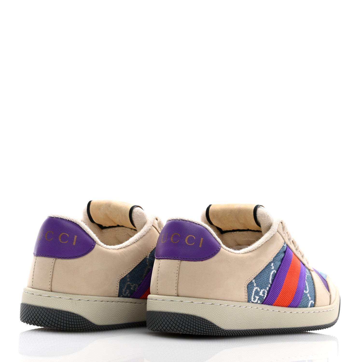 Gucci Calfskin Lame GG Monogram Web Womens Screener Sneakers 35 Blue Silver Dusty Milk Shine Purple 4 of 9