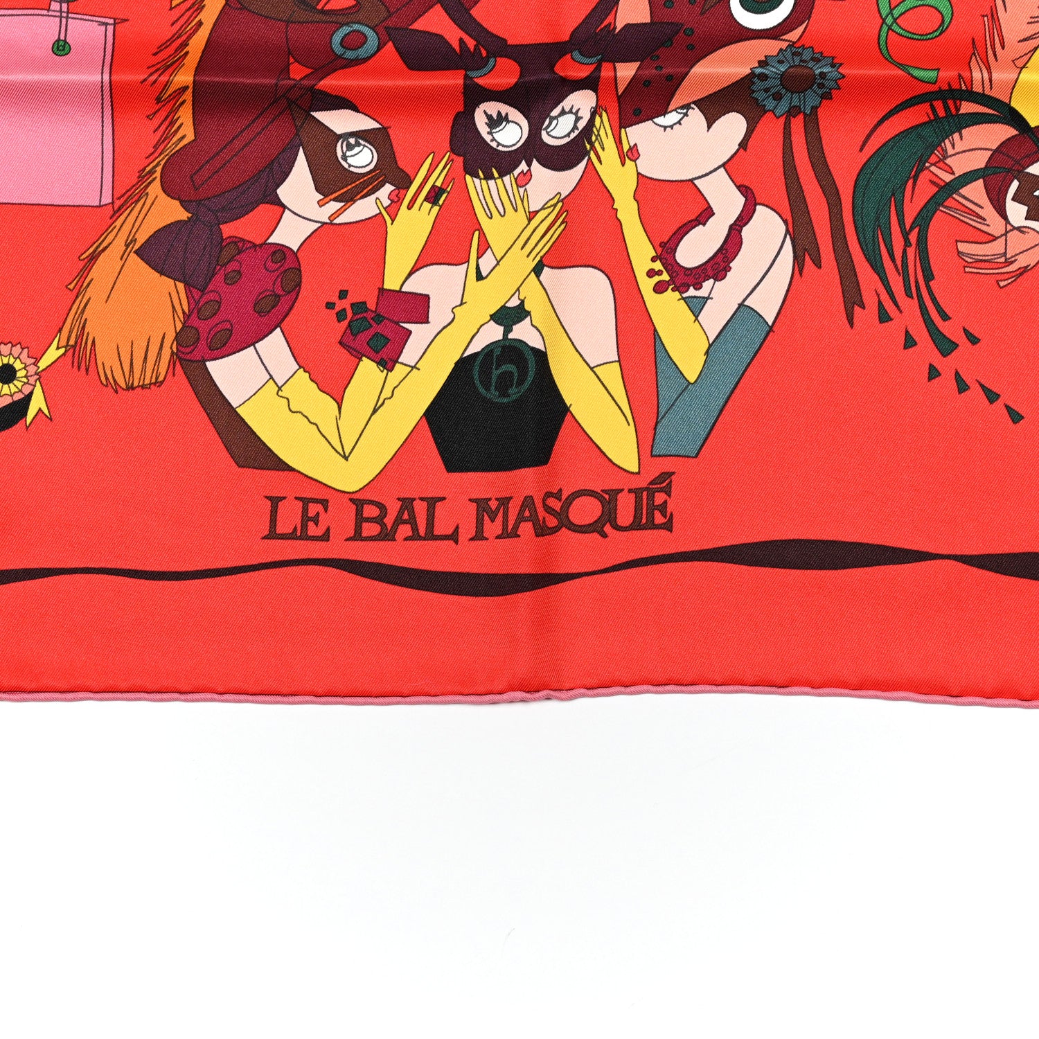 Hermes Silk Le Bal Masque Scarf 70 Rouge Vif Vieux Rose Jaune 2 of 5