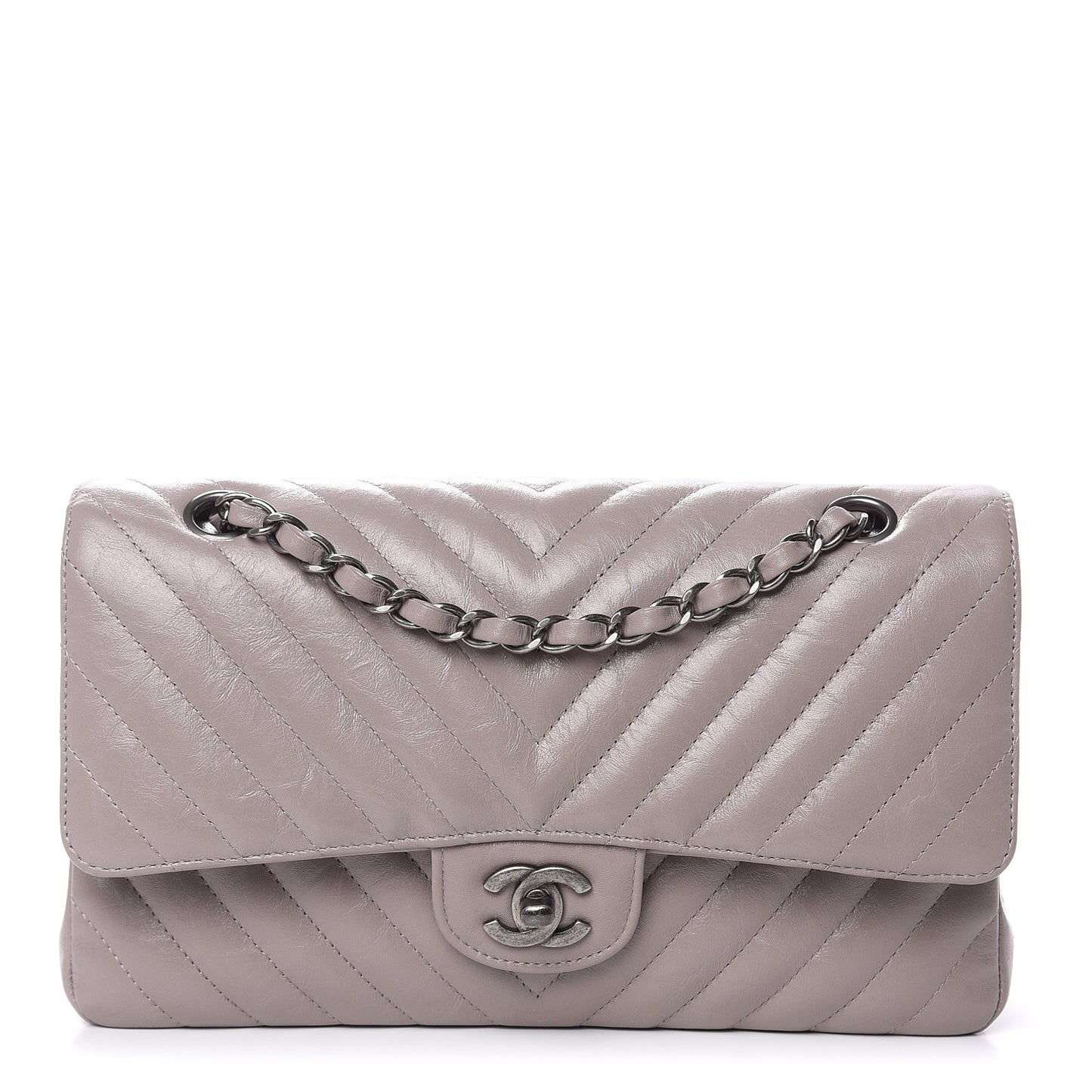 Iridescent Calfskin Chevron Quilted Medium Double Flap Grey