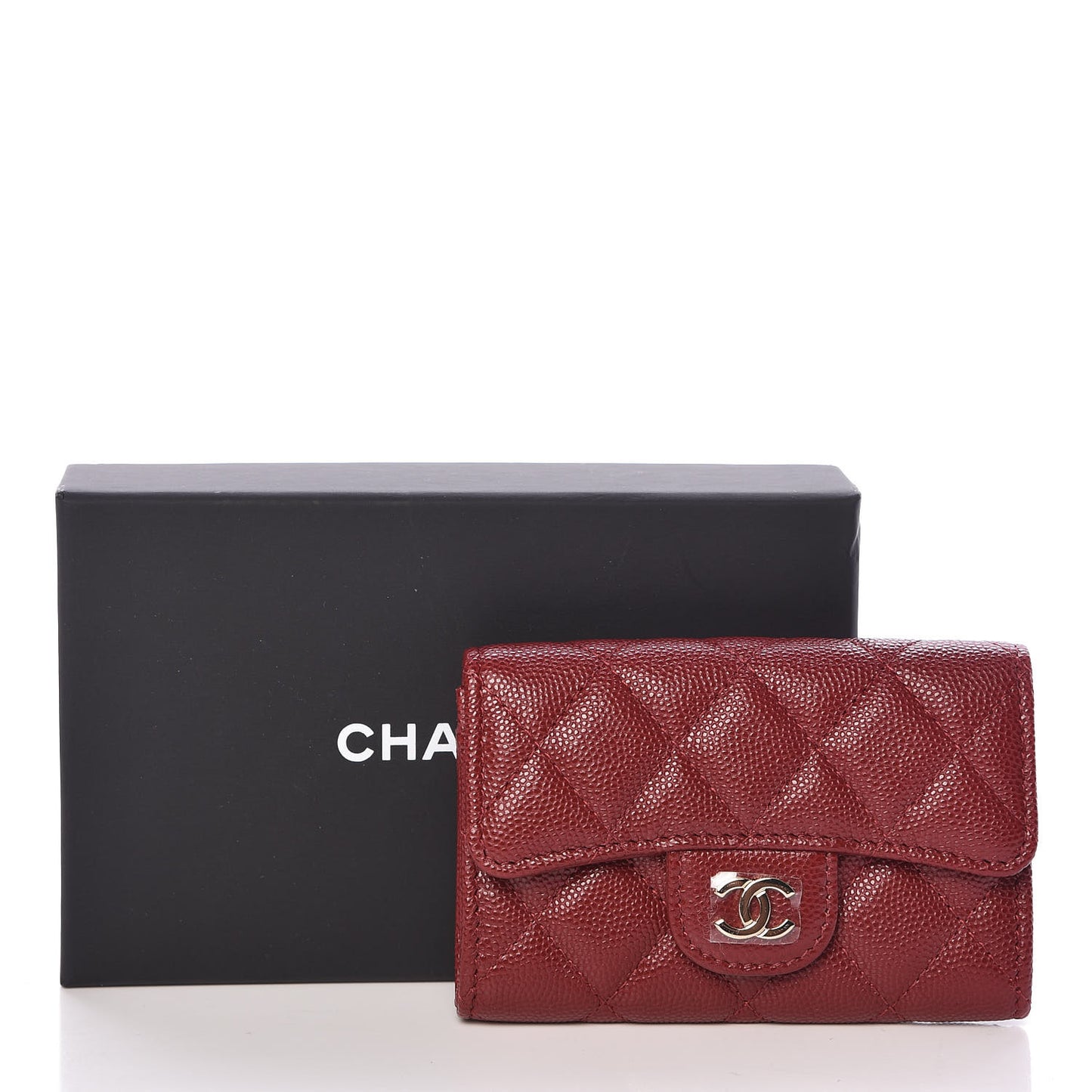 Iridescent Caviar Quilted Flap Card Holder Wallet Burgundy