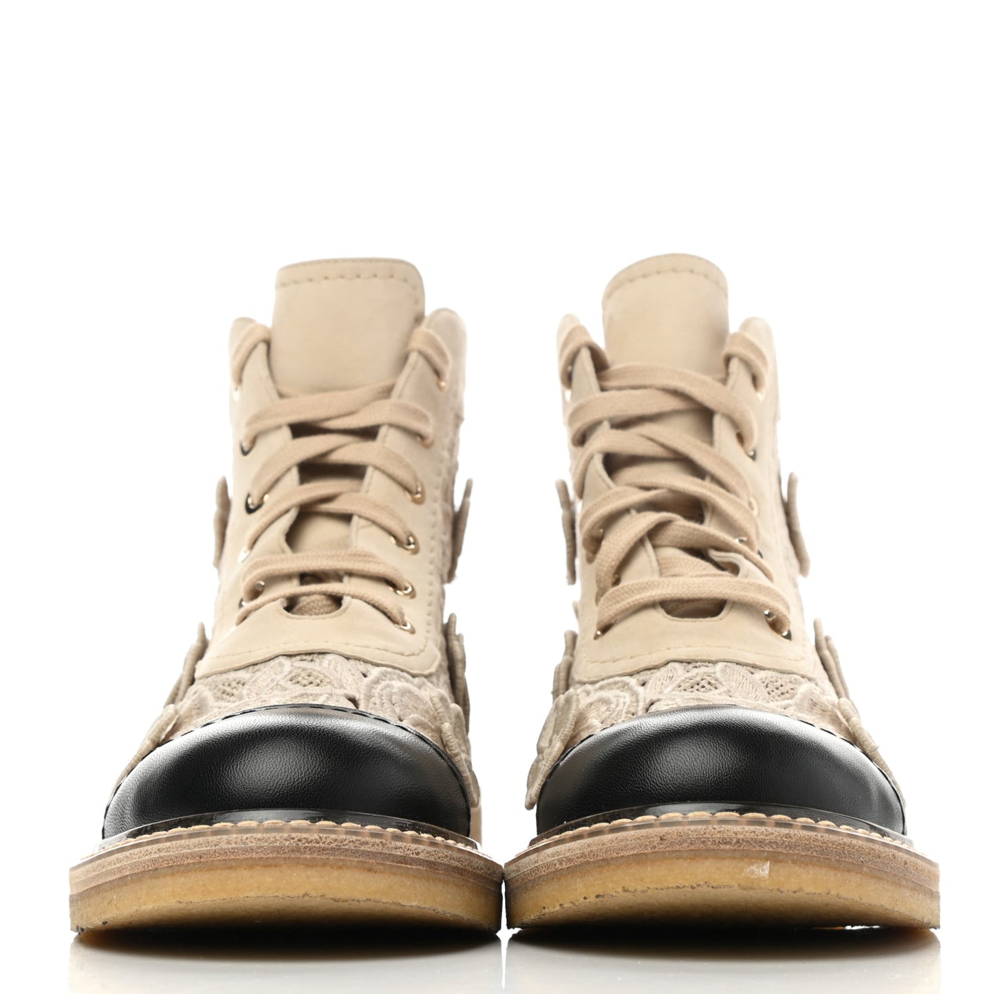 Embroidered Flower Calfskin Lace Up Boots 39 Beige Black