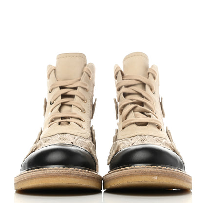 Chanel Embroidered Flower Calfskin Lace Up Boots 39 Beige Black 2 of 9