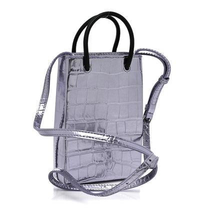 Balenciaga Calfskin Crocodile Embossed Logo Shopping Phone Holder Bag Lilac Black 3 of 7
