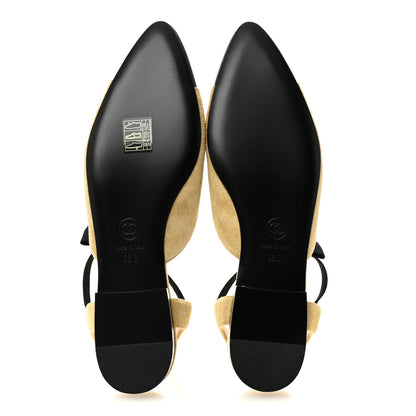 Chanel Suede Grosgrain Bow Cap Toe CC Slingback Flats 38 Beige Black 6 of 10