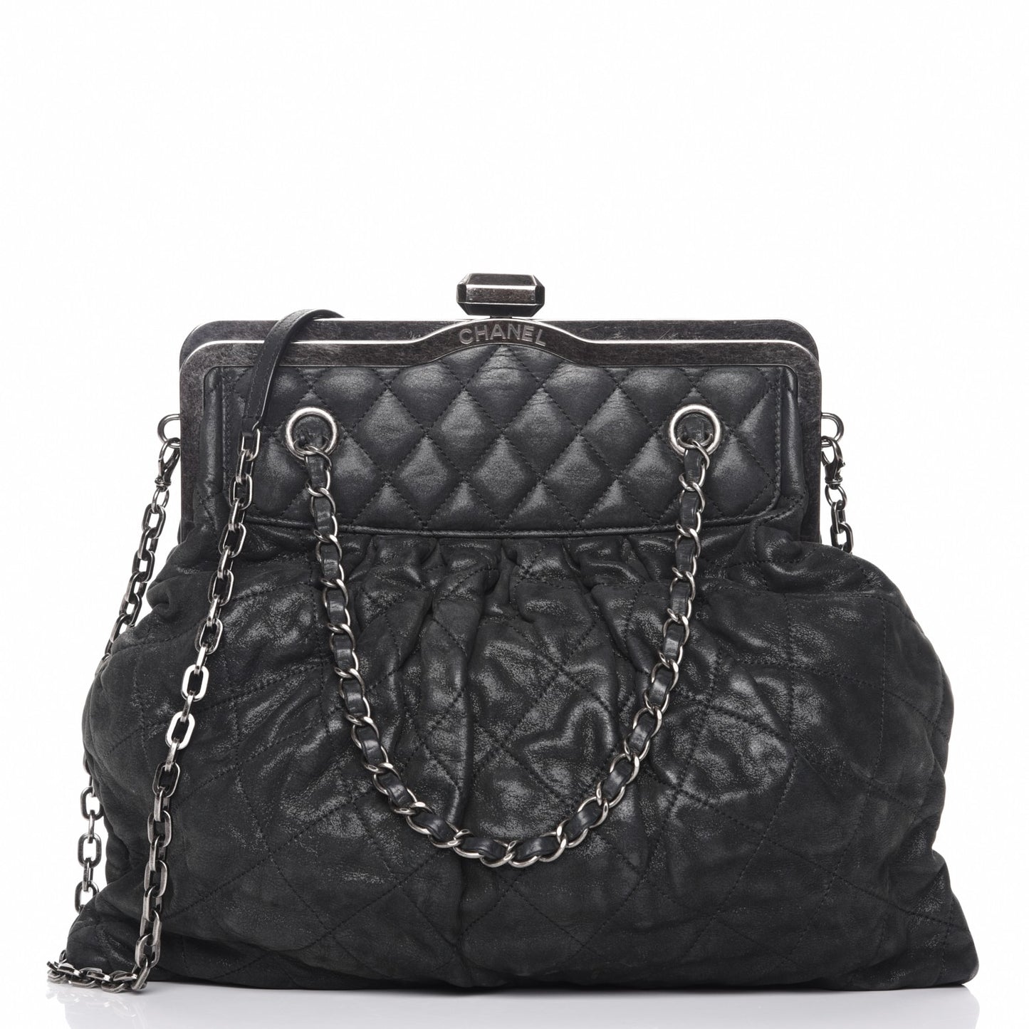 Iridescent Calfskin Chic Quilt Frame Tote Black