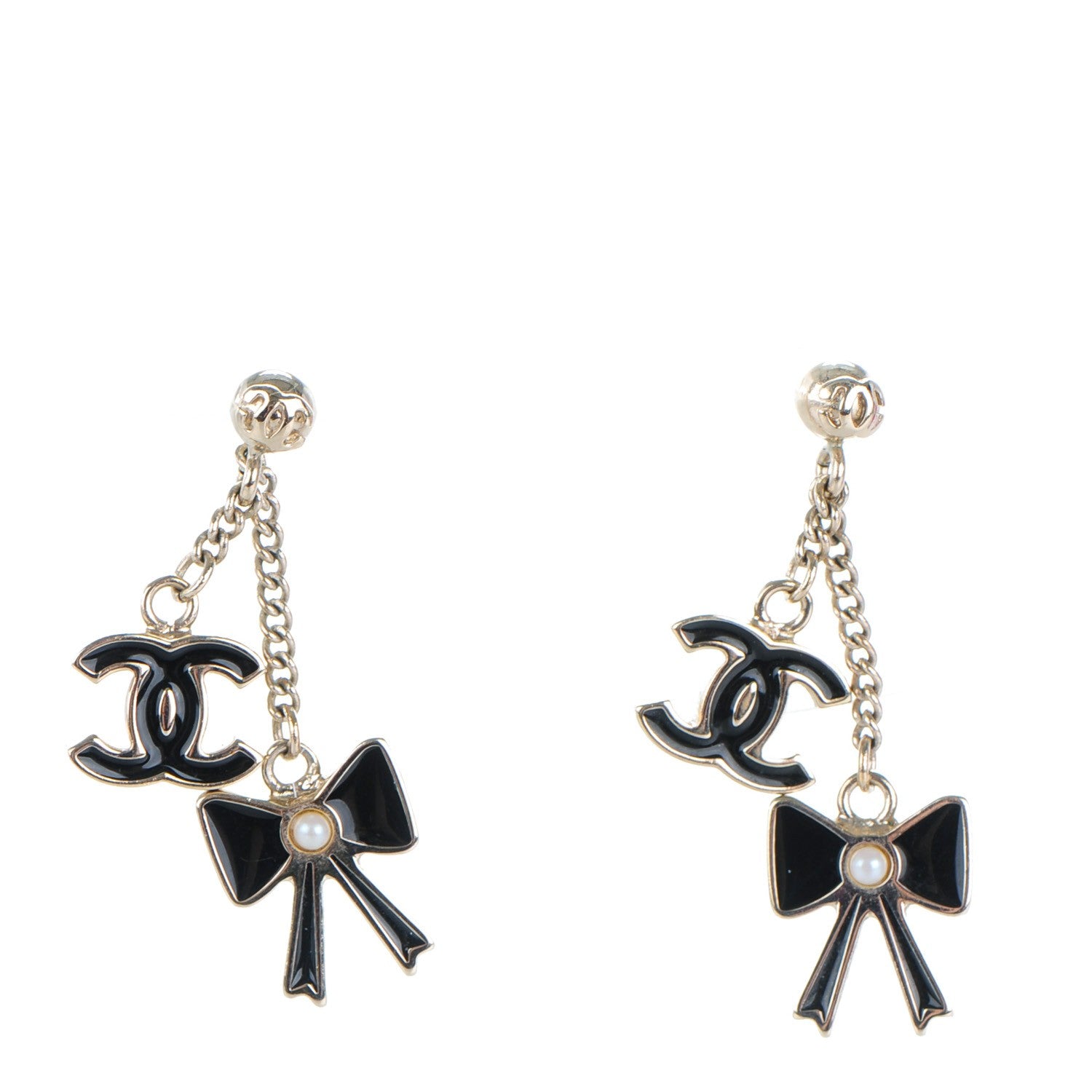 Chanel Enamel Bow CC Dangle Earrings Black Gold 1 of 3