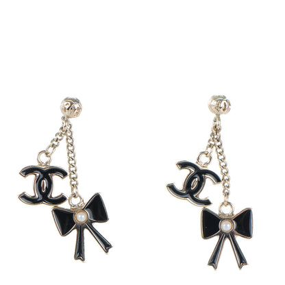 Chanel Enamel Bow CC Dangle Earrings Black Gold 1 of 3