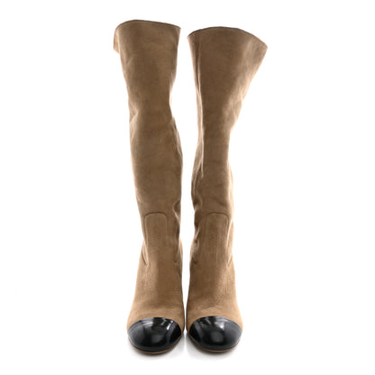 Chanel Suede Lambskin Shiny Calfskin Sherpa CC High Boots 40 Light Beige Black 2 of 9