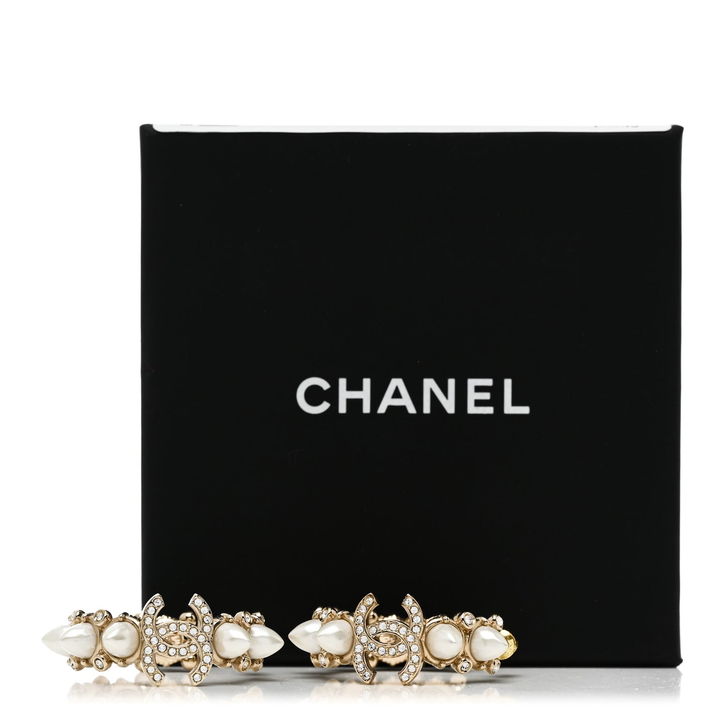 Spike Pearl Crystal CC Hoop Earrings Gold Pearly White