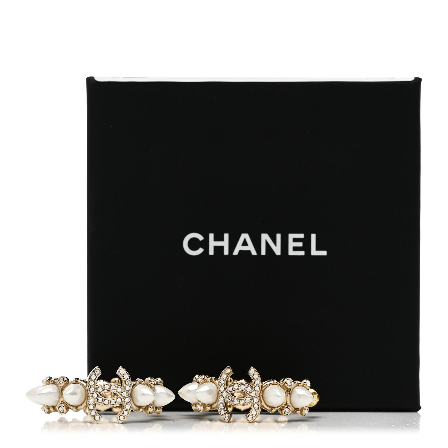 Chanel Spike Pearl Crystal CC Hoop Earrings Gold Pearly White 5 of 5