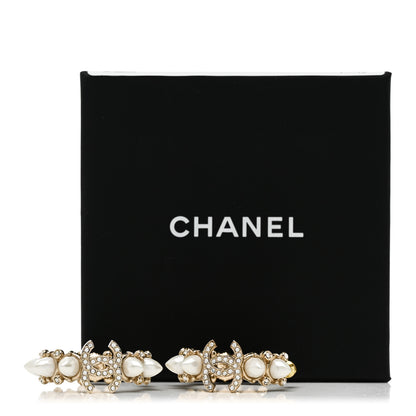 Chanel Spike Pearl Crystal CC Hoop Earrings Gold Pearly White 5 of 5