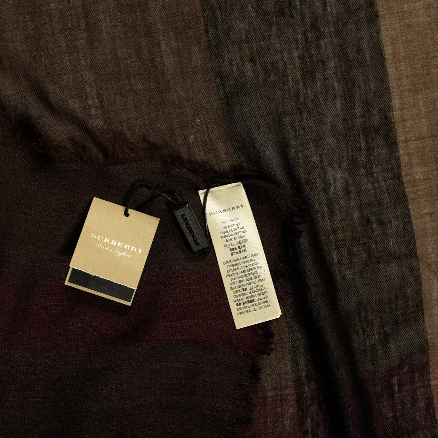 Silk Modal Wool Cashmere London Check Lightweight Square Scarf Dark Brown
