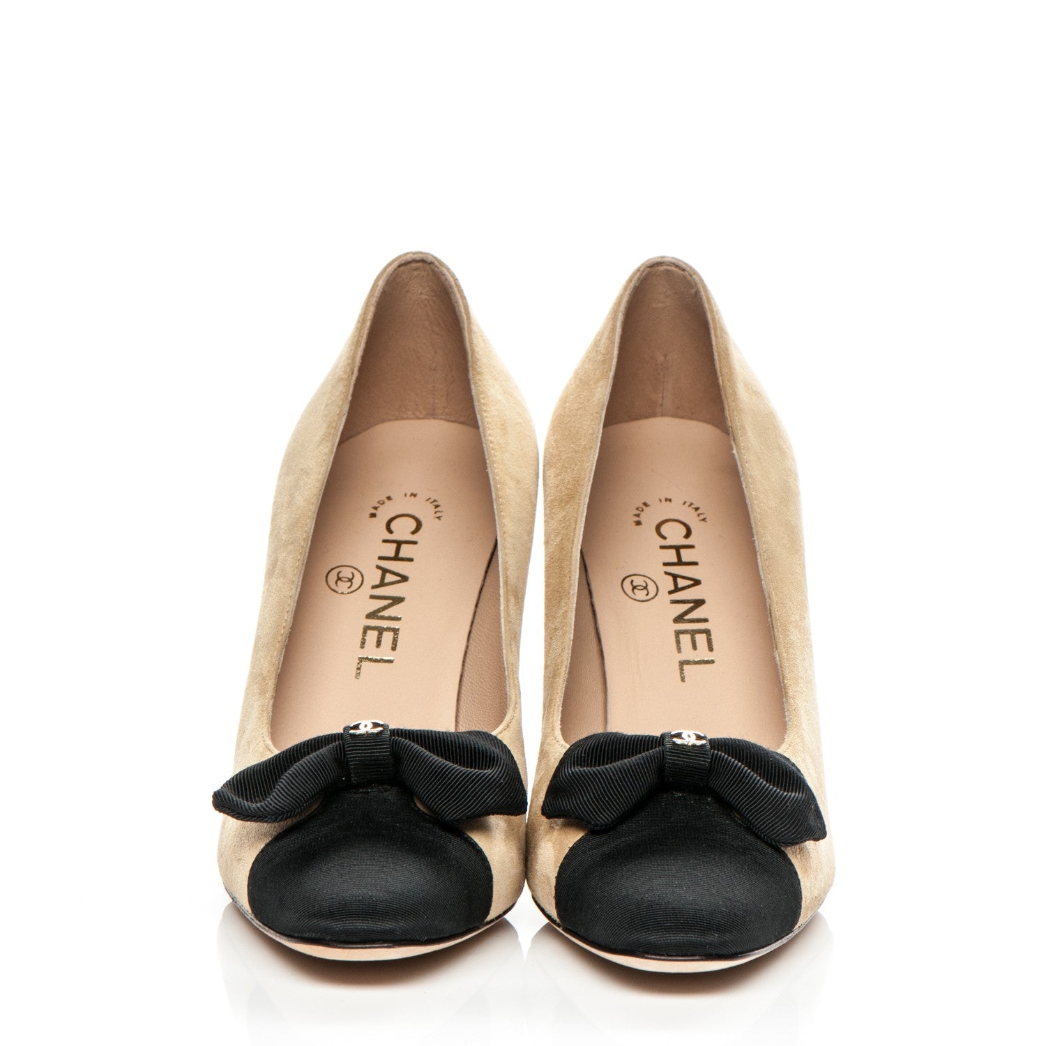 Chanel Suede Grosgrain Bow Cap Toe Pumps 36.5 Beige Black 2 of 7