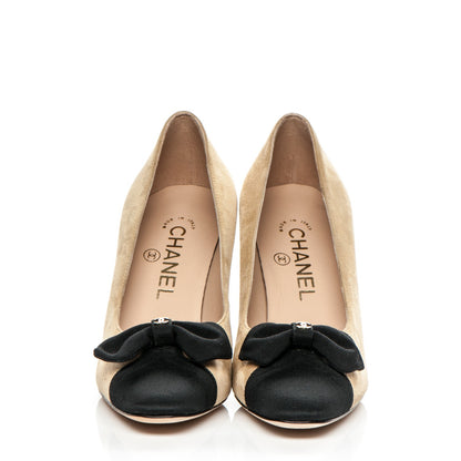 Chanel Suede Grosgrain Bow Cap Toe Pumps 36.5 Beige Black 2 of 7