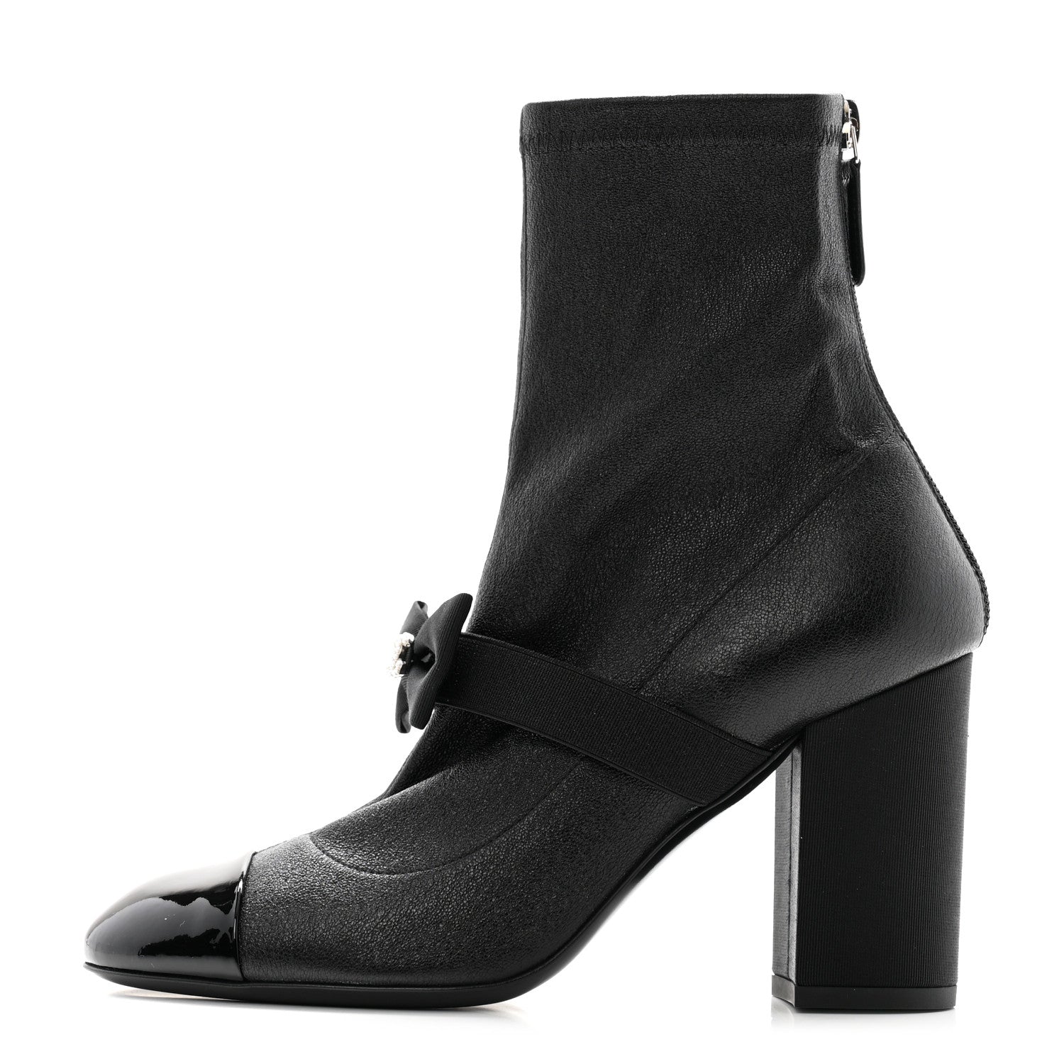 Chanel Stretch Iridescent Lambskin Patent Pearl CC Bow Cap Toe Short Boots 37 Black 1 of 7