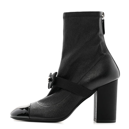 Chanel Stretch Iridescent Lambskin Patent Pearl CC Bow Cap Toe Short Boots 37 Black 1 of 7