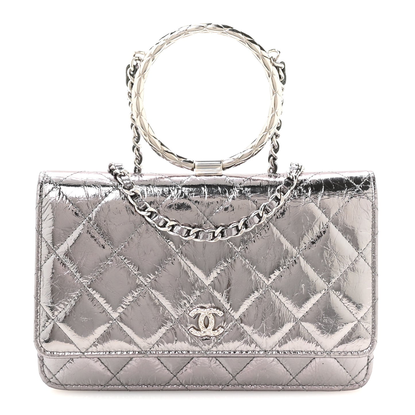 Crumpled Metallic Calfskin Quilted Ring Handle Wallet on Chain Silver