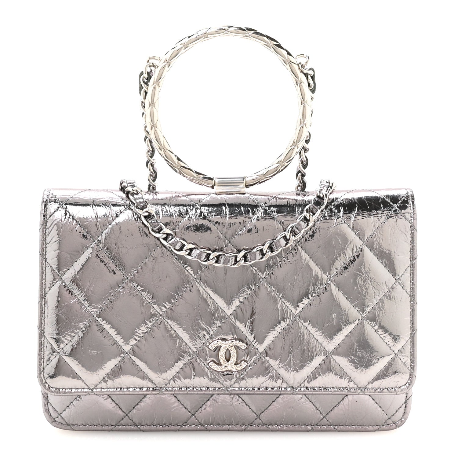 Chanel Crumpled Metallic Calfskin Quilted Ring Handle Wallet on Chain Silver 1 of 11