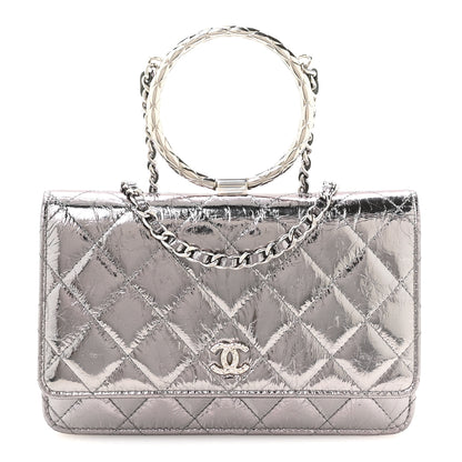 Chanel Crumpled Metallic Calfskin Quilted Ring Handle Wallet on Chain Silver 1 of 11