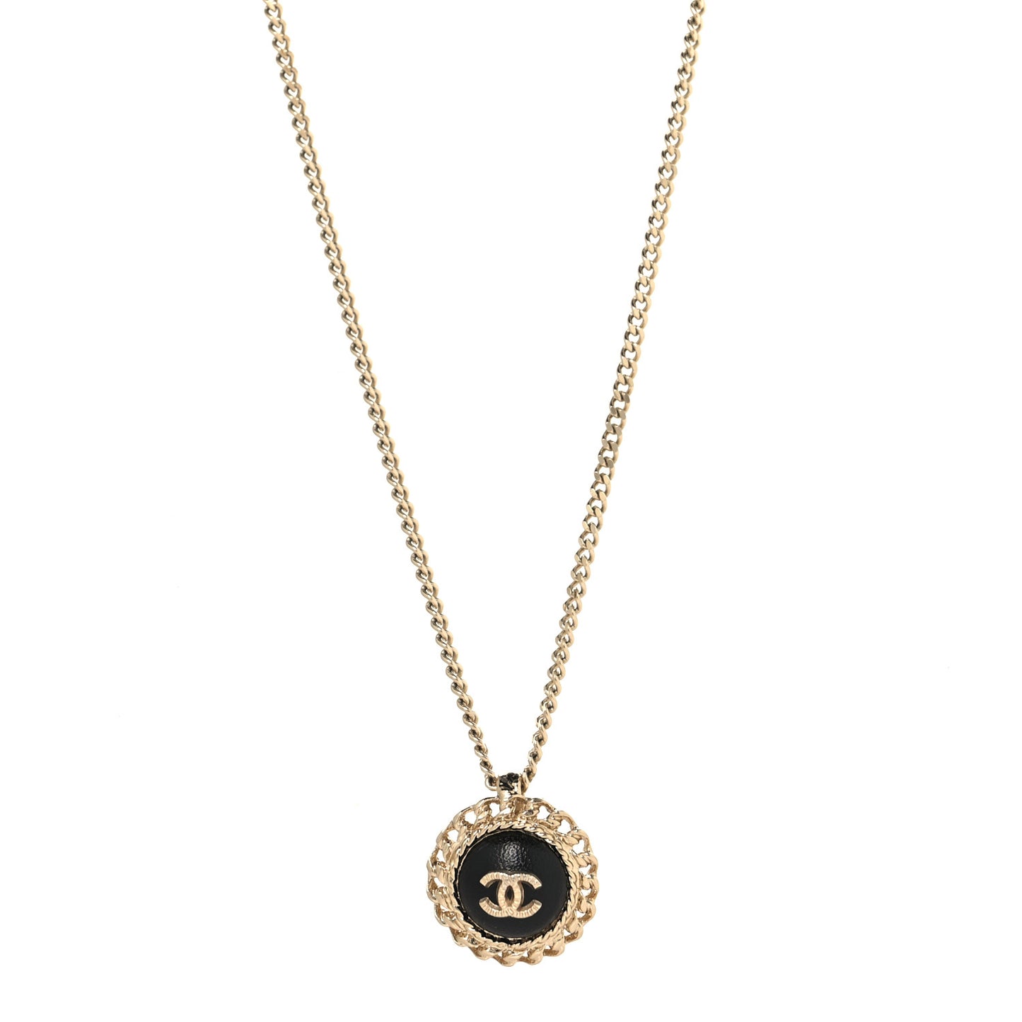 Metal Lambskin CC Pendant Necklace  Gold Black