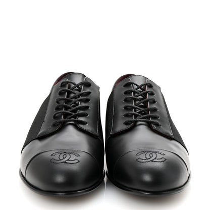 Chanel Calfskin Elastic Lace Up Cap Toe CC Loafers 37.5 Black 3 of 9