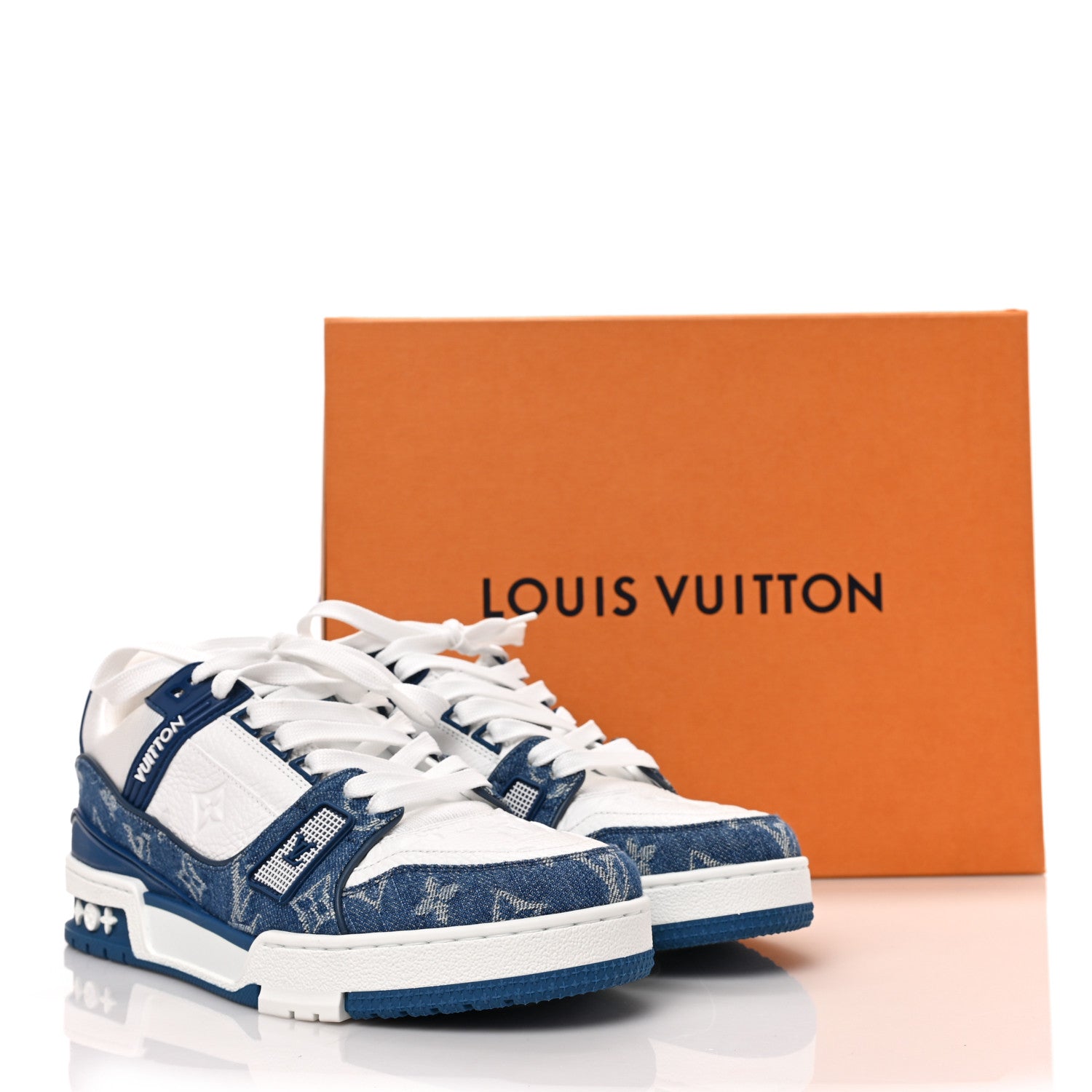 Louis Vuitton Calfskin Embossed Monogram Denim Mens LV Trainer Sneakers 6.5 Blue 8 of 8