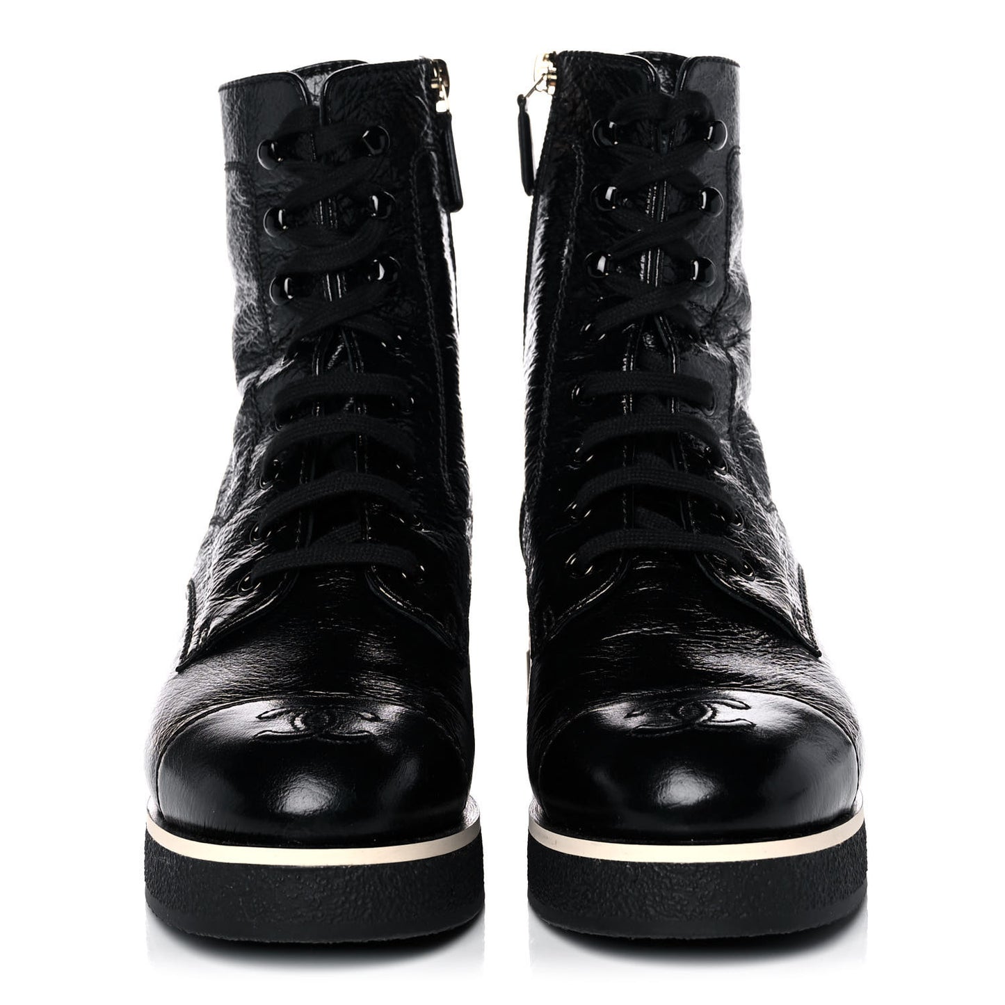 Shiny Crumpled Lambskin Lace Up Combat Boots 38 Black
