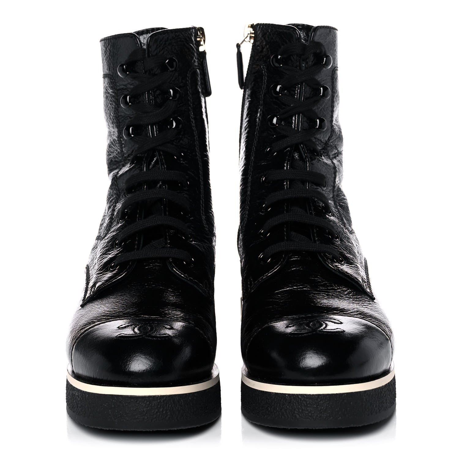 Chanel Shiny Crumpled Lambskin Lace Up Combat Boots 38 Black 2 of 9