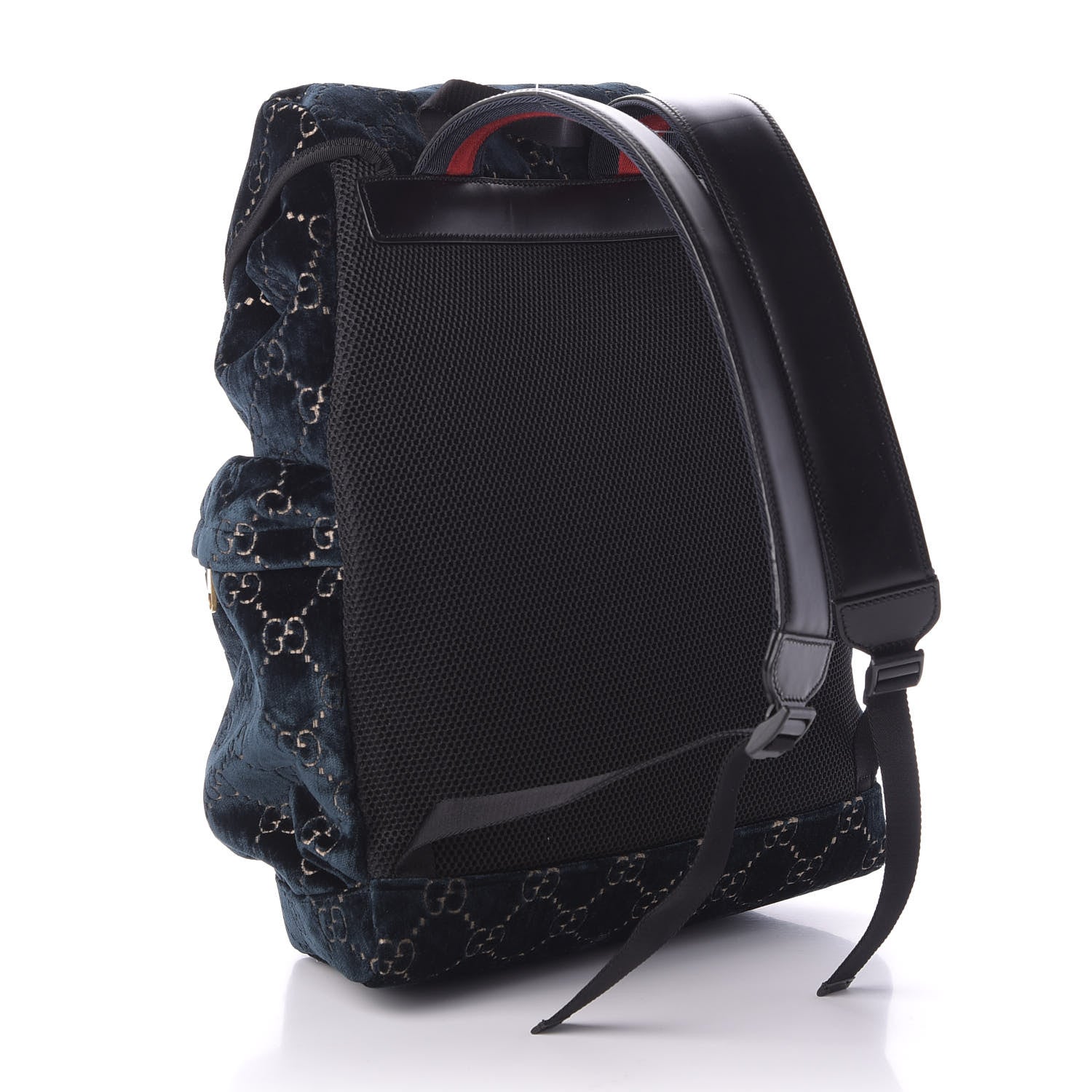 Gucci Velvet GG Monogram Web Medium Double Buckle Backpack Blue Beige Black 2 of 9