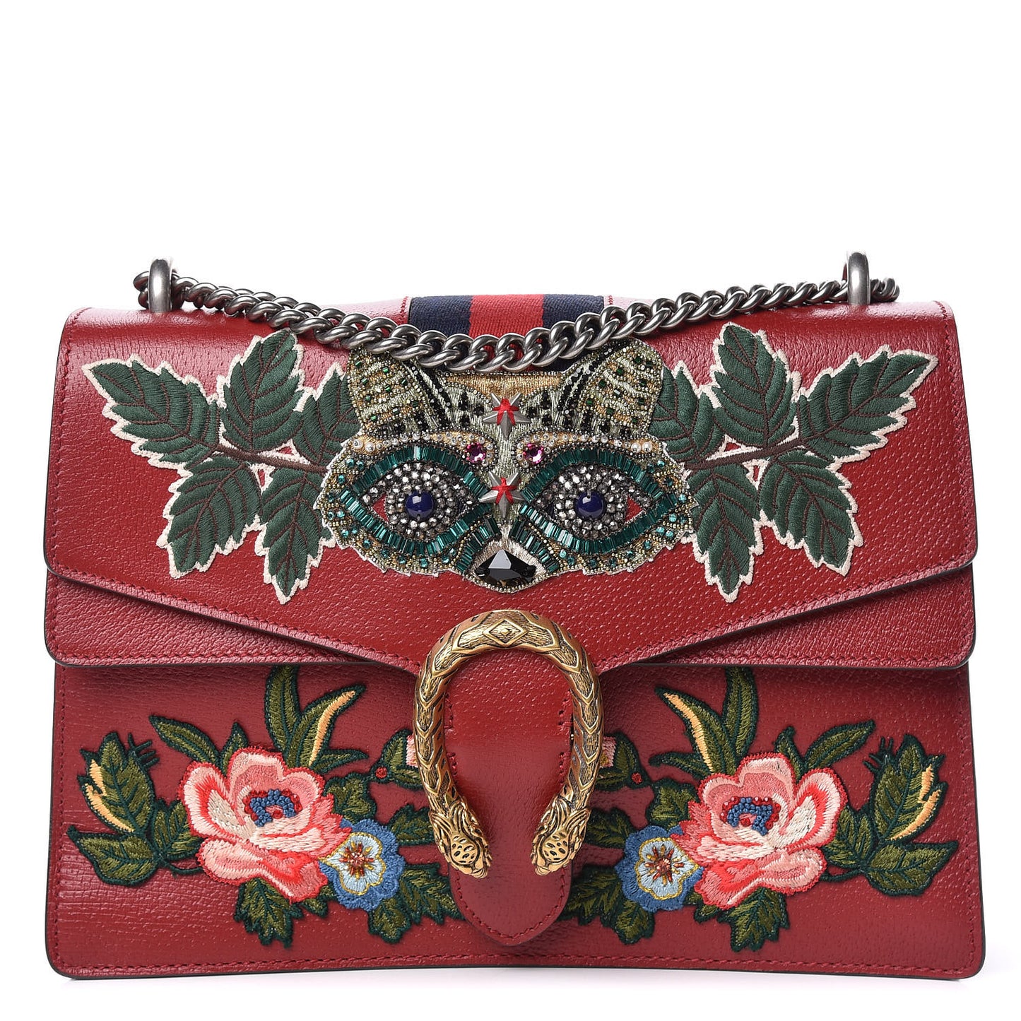 Calfskin Web Raccoon Embroidered Medium Dionysus Shoulder Bag Red