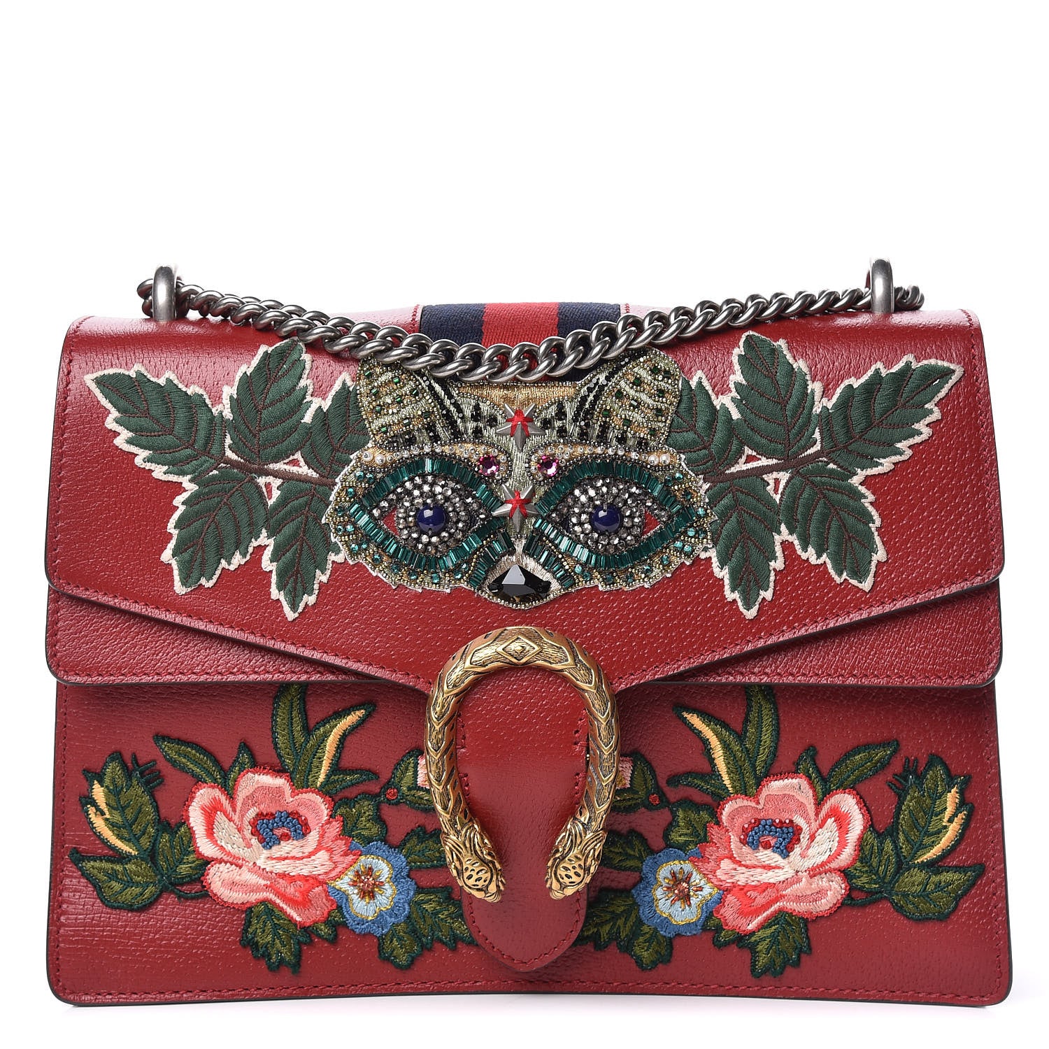 Gucci Calfskin Web Raccoon Embroidered Medium Dionysus Shoulder Bag Red 1 of 12