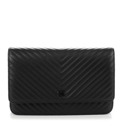 Chanel Calfskin Chevron Wallet On Chain WOC So Black 1 of 8