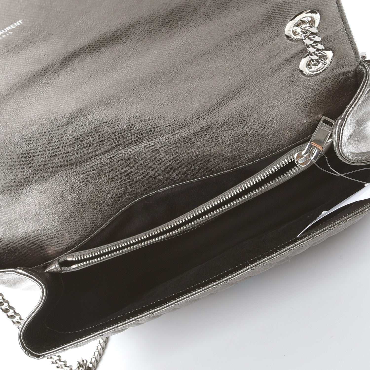 Saint Laurent Metallic   Metallic Calfskin Mixed Matelasse Triquilt Large Monogram Envelope Satchel Graphite 6 of 9