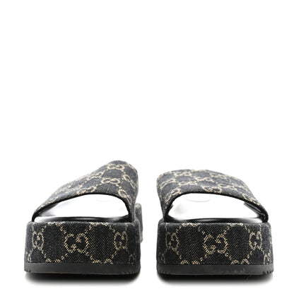 Gucci Jacquard Black Denim GG Monogram Angelina Platform 55mm Slide Sandals 38 Black Ivory 2 of 9