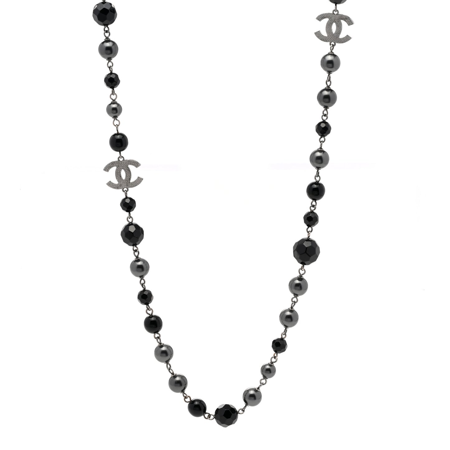 Ruthenium Pearl Beaded CC Long Necklace Black