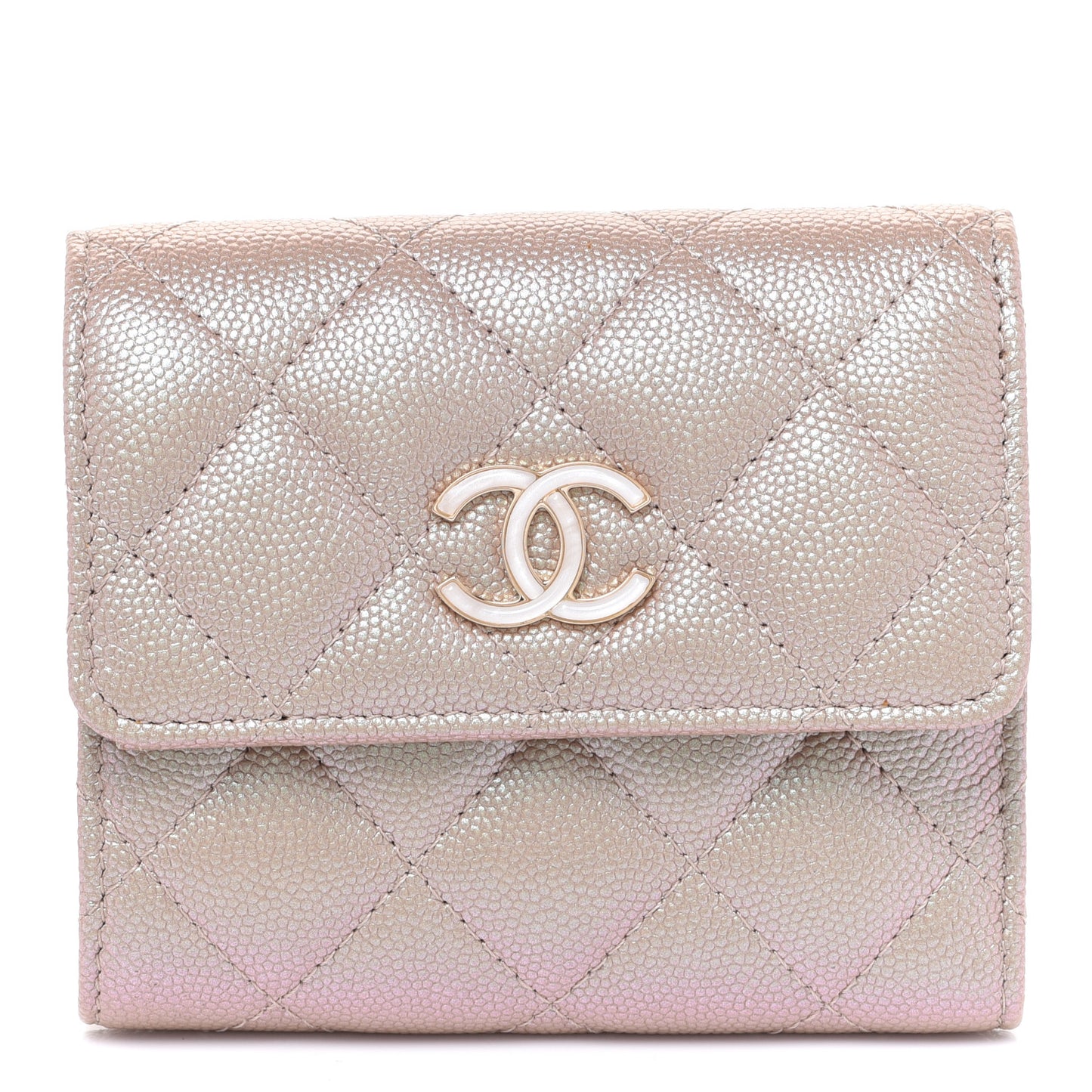 Iridescent Caviar Quilted Small Flap Wallet Beige