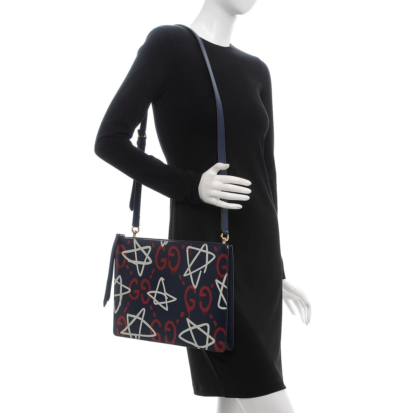 Calfskin GucciGhost Print GG Messenger Bag Blue Agata Hibiscus Red