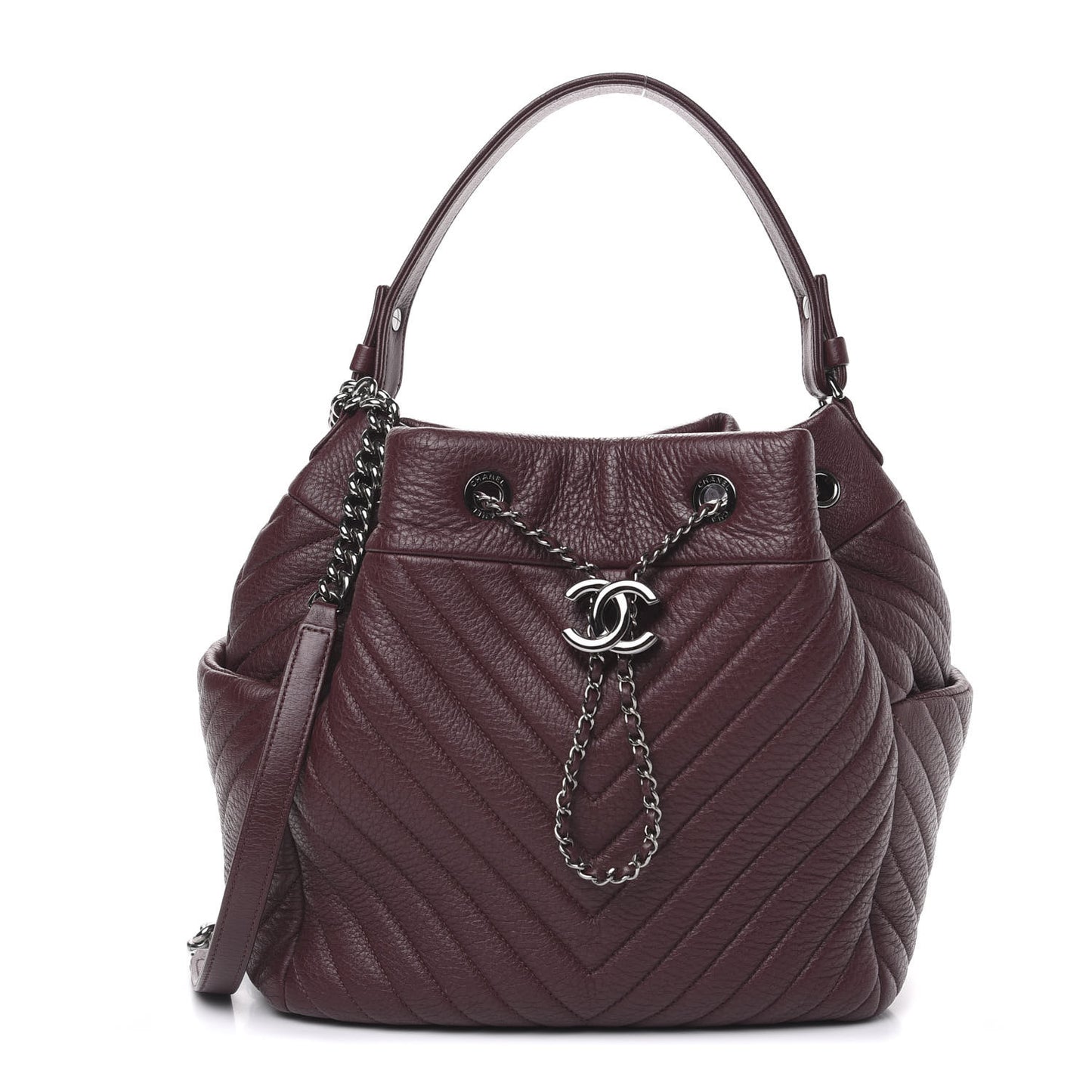 Deerskin Chevron Medium CC Chain Bucket Drawstring Bag Burgundy