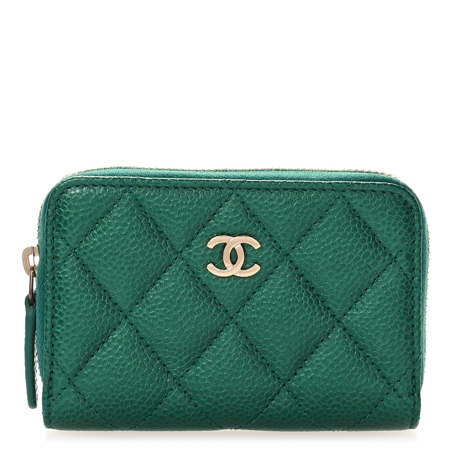 Metallic Caviar Quilted Zip Coin Purse Green