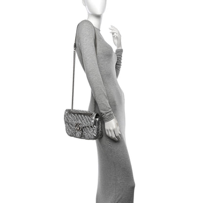 Gucci Sequin Matelasse Small GG Marmont Shoulder Bag Silver 3 of 15