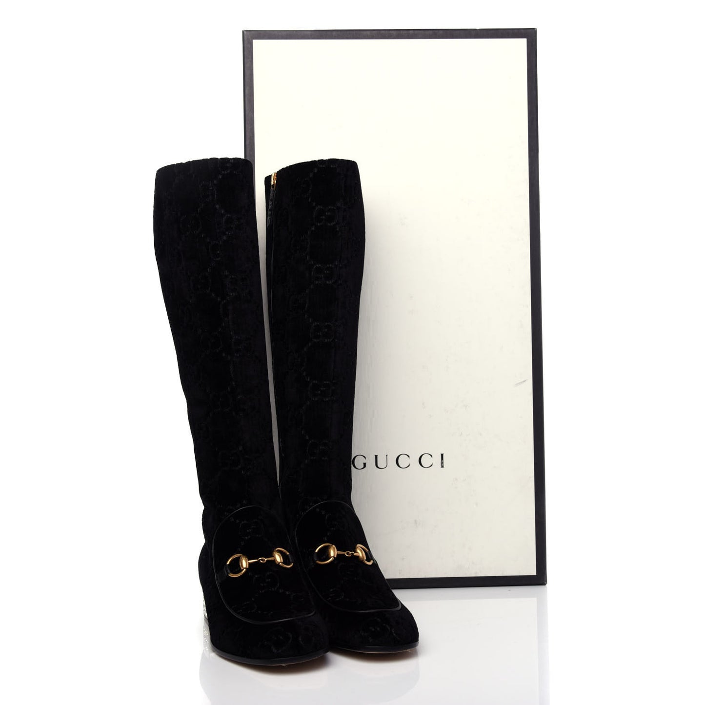 Velvet GG Monogram Crystal Horsebit Knee High Boots 37.5 Black