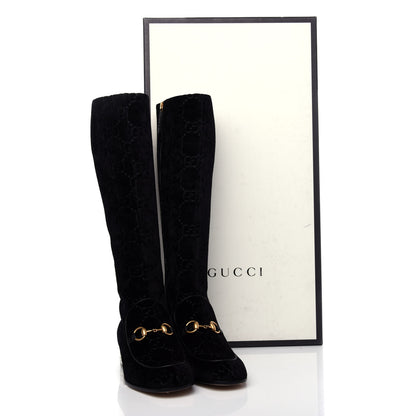 Gucci Velvet GG Monogram Crystal Horsebit Knee High Boots 37.5 Black 10 of 11