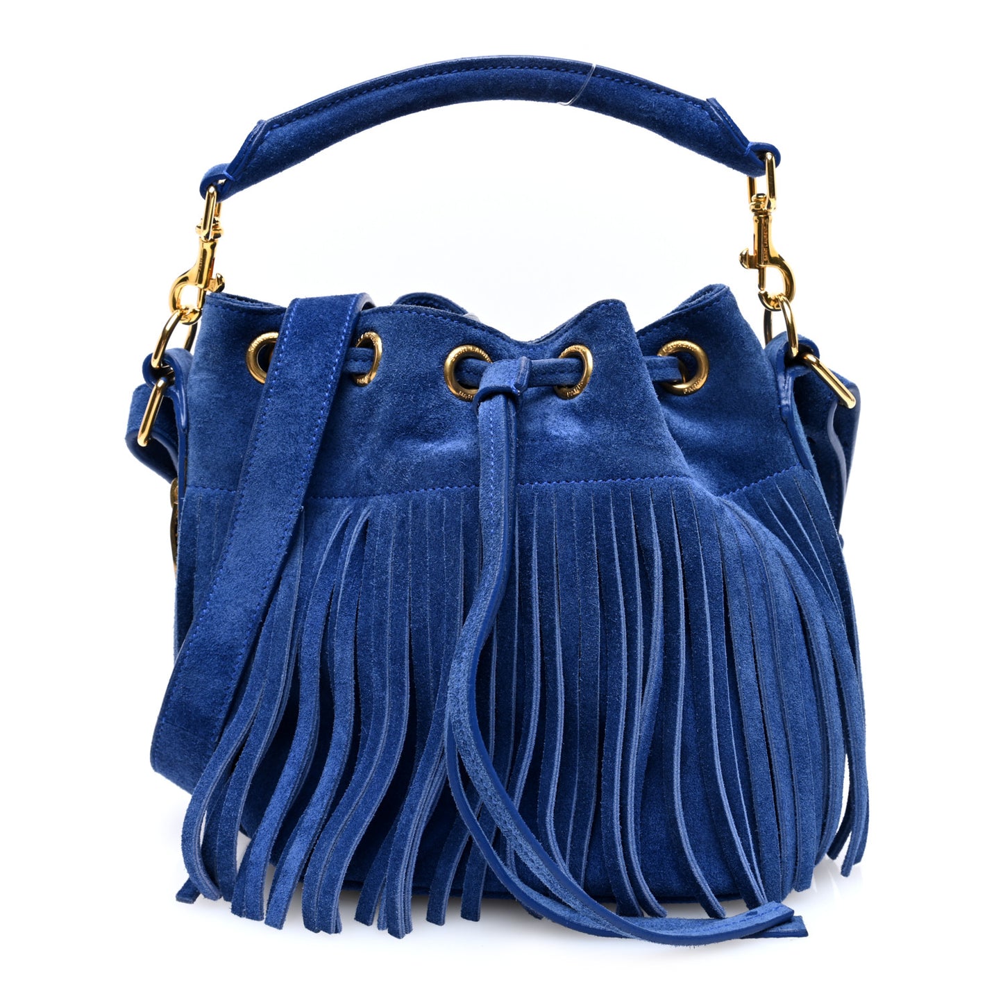 Suede Calfskin Small Emmanuelle Fringe Bucket Bag Blue