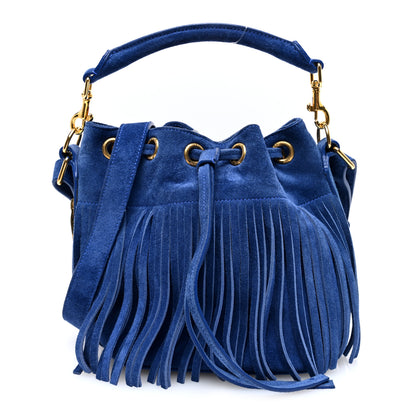 Saint Laurent Suede Calfskin Small Emmanuelle Fringe Bucket Bag Blue 1 of 7
