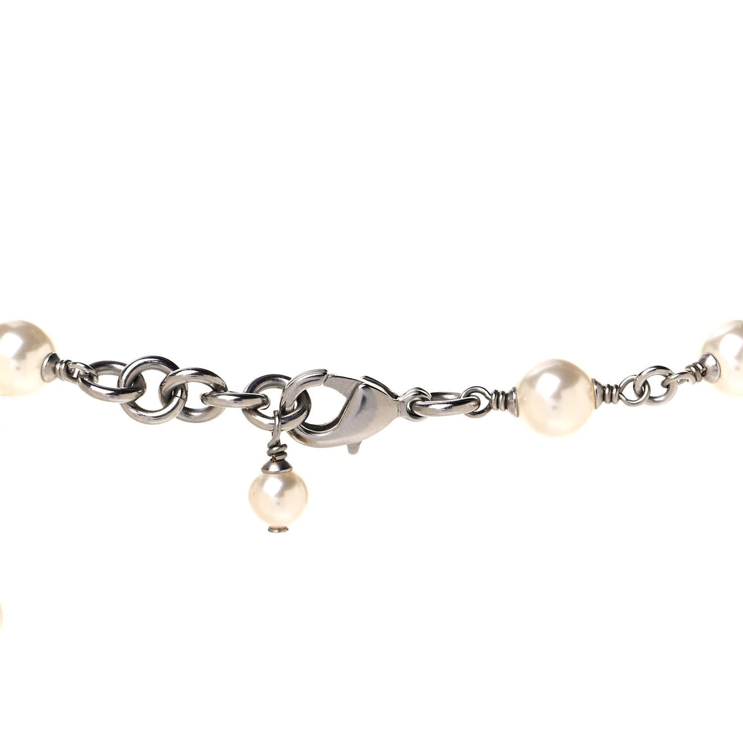 Graduated Pearl Crystal CC Long Necklace Silver
